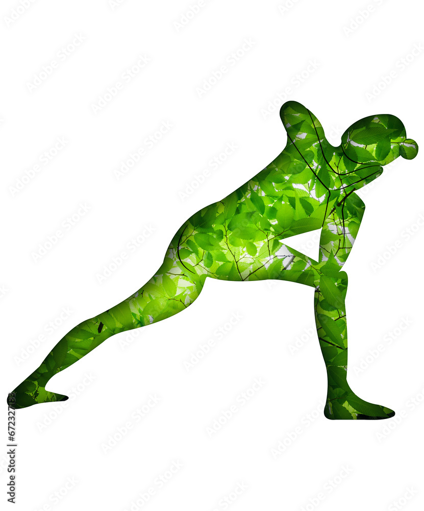 Fototapeta premium Yoga postures with green leaf print, nature effect. This image is part of a set of 50 yoga poses perfect for creating beautiful designs, for your website, social networks, products, etc.