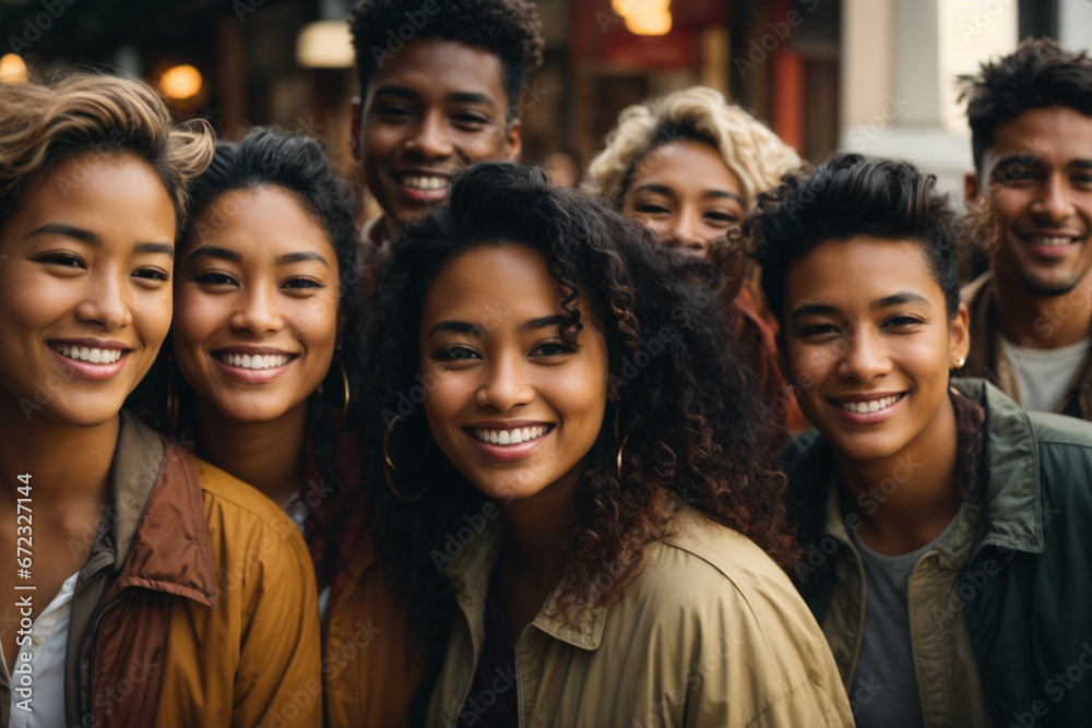 Multiethnic group of happy friends in the street