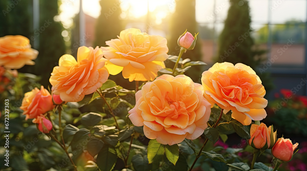 a group of orange flowers in a garden with the sun shining through the windows. generative ai a group of orange flowers in a garden with the sun shining through the windows. generative ai