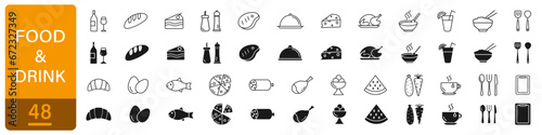 Food icons set. Drinks and dishes collection. Vector