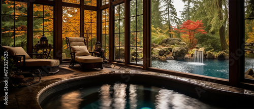 Interior of a luxurious fall resort, massage center and spa, elegant design, relaxing and peaceful vacation. Panoramic view of a luxurious healing center in the forest, chic loungers, pool and pond.  © Andrea Marongiu