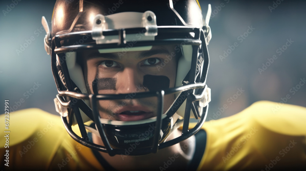 Gridiron Grit: Intense Close-Up of an American Football Pro Ready for Championship Glory. Gridiron Grit: Intense Close-Up of an American Football Pro Ready for Championship Glory.