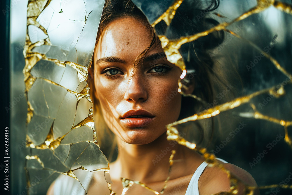 Portrait de jeune femme pris à travers une vitre cassée Stock Photo