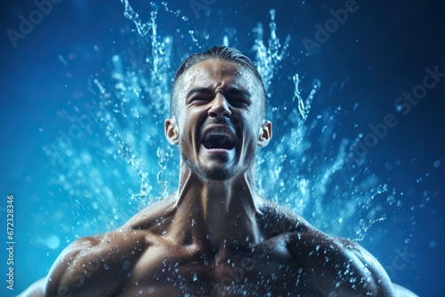 Athlete man swimmer is shouting during hard training with water splashes on background