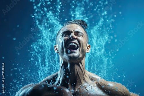 Athlete man swimmer is shouting during hard training with water splashes on background