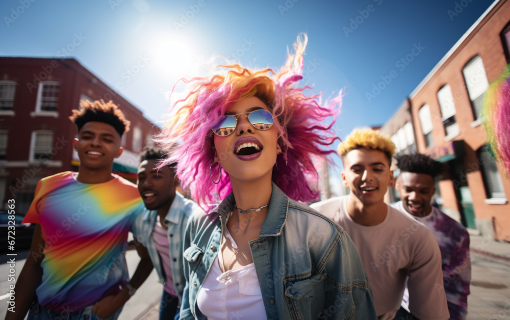 CFC2023CT, młode osoby ubrane w kolorowe ubrania z lat 90-tych tańczy na ulicy - obrazy, fototapety, plakaty 