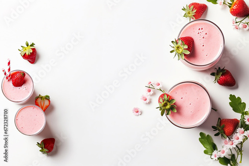 
Glasses of strawberry milkshake and ingredients on white background, top view , copy space text photo
