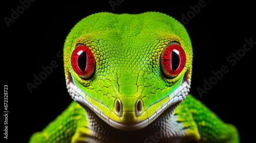 Close-up portrait of a green lizard or gecko isolated on black background. Minimalistic style. AI generated content.