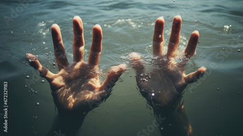 HANDS UNDERWATER!, Drowning, Water, Danger, Help call, Request, Urgency, Emergency. Two hands with open palms underwater as a symbol of peril and immediate call for help. photo