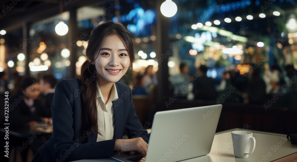 Fototapeta premium A cheerful young woman diligently typing on her laptop in a contemporary office at night, surrounded by a shimmering sea of bokeh lights. Generative AI.