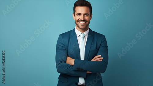  Cheerful Business Professional : Portrait of a Cheerful Young Manager with a Beaming Smile Against a Isolated Light Blue Color Background