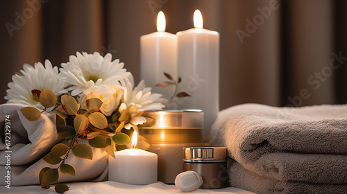  a table topped with candles and a bouquet of flowers next to towels.  generative ai