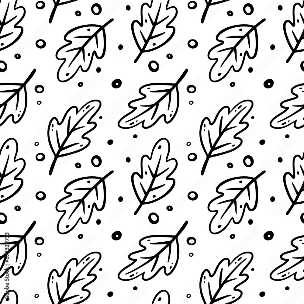Oak leaves seamless pattern. Vector floral illustration in doodle style. Fall pattern with Autumn leaves.