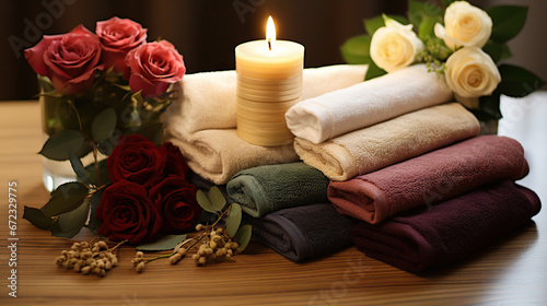  a stack of folded towels with a lit candle in the middle.  generative ai