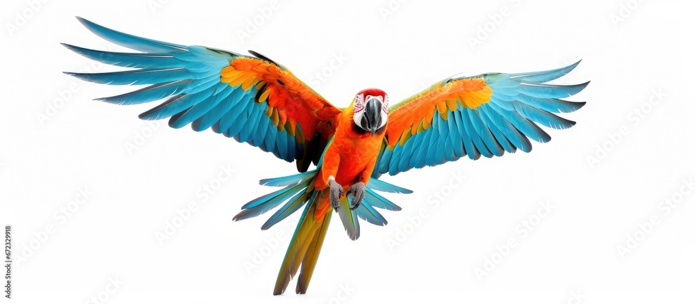A solitary macaw parrot positioned against a plain white backdrop