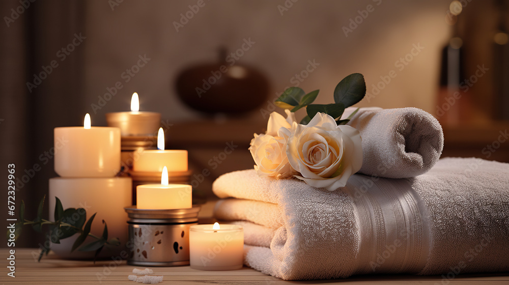 a stack of towels and candles on a wooden table in a room. generative ai a stack of towels and candles on a wooden table in a room. generative ai