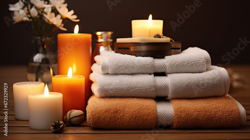  a stack of towels sitting next to a candle on a table. generative ai