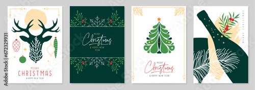 Set of Christmas holiday greeting cards or covers with floral desoration. Vector illustration