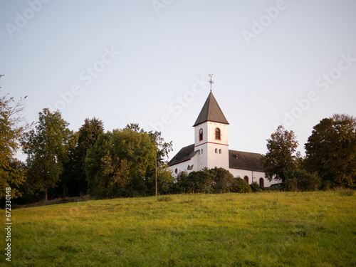 Landscape with a vineyard and an ancient church. Germany, vineyard