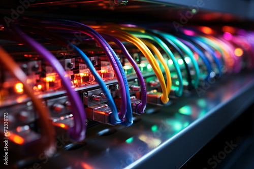 Close up of illuminated network cables and switches