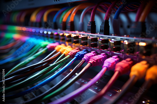 Multicolored network cables organized in a server rack