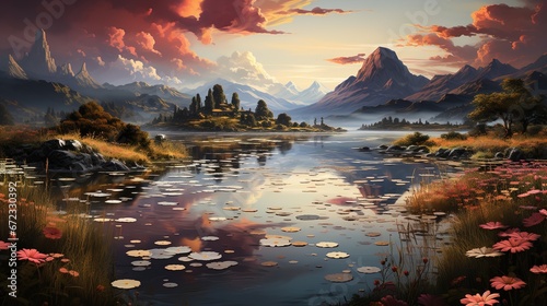 Golden Hour Glow, Peaceful Landscapes with a Flower Field, Little Houses, a Majestic Mountain, and a Serene Lake, Perfect for a Rustic Weekend Break, Nature Background 