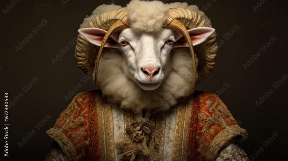 Portrait, Animal, Big horn sheep, Horned, Ironic, 1700, Noble, Aristocratic. DIRECTLY FROM THE 1700s, THE NOBLE HORNED SHEEP. A cute sheep with 4 beautiful horns posing with his noble wool collar. Portrait, Animal, Big horn sheep, Horned, Ironic, 1700, Noble, Aristocratic. DIRECTLY FROM THE 1700s, THE NOBLE HORNED SHEEP. A cute sheep with 4 beautiful horns posing with his noble wool collar.