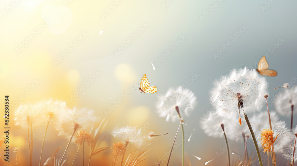 a field of dandelions with a butterfly flying over them.  generative ai
