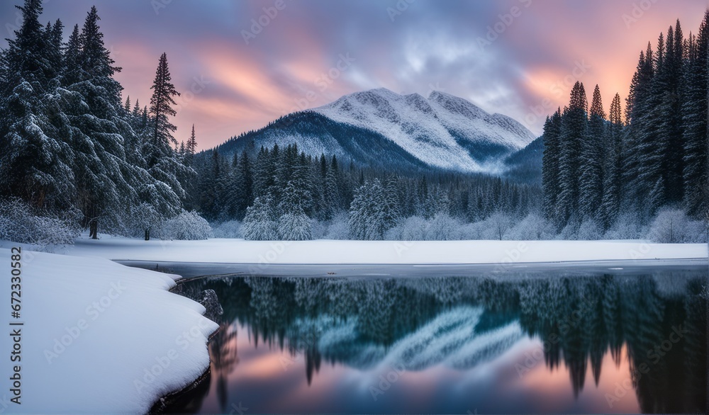serene winters cape scape, a snow-covered landscape with a frozen lake in the foreground, bathed in the soft, golden light of the setting sun, y, stillness in the winter wonderland.