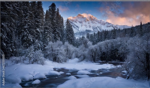 serene winters cape scape, a snow-covered landscape with a frozen lake in the foreground, bathed in the soft, golden light of the setting sun, y, stillness in the winter wonderland. © DJSPIDA FOTO