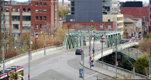 Wallpaper Mural Timelapse City Downtown Bridge with Busy Cars Streetcars and People in Toronto Riverside Canada Torontodigital.ca
