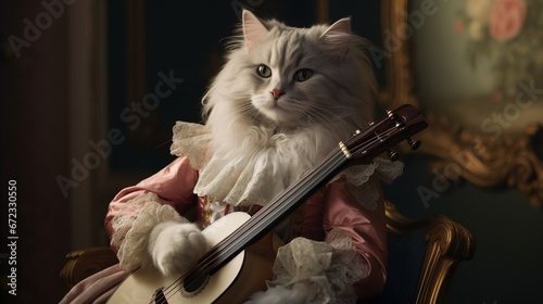 3D ironic portrait, Musician cat, Guitarist, Guitar, Playing, Kitten, 1700. FELINE SERENADE. A graceful guitarist cat posing with his guitar in 1700s Baroque style. Ruffled collar, pink attire.