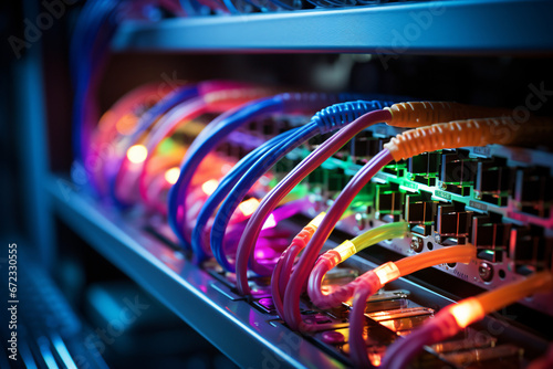 Multicolored network cables connected to switches in a rack photo