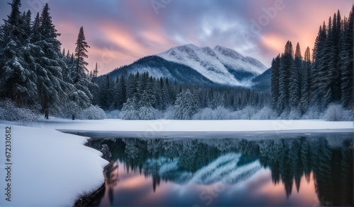 serene winters cape scape, a snow-covered landscape with a frozen lake in the foreground, bathed in the soft, golden light of the setting sun, y, stillness in the winter wonderland. © DJSPIDA FOTO
