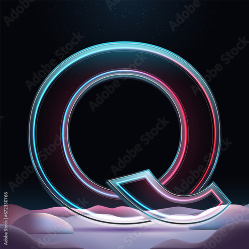 3D letter Q with neon light insight. Glass letter with sparkles and winter background. Holiday decoration. Element for design poster, advertisign or game photo