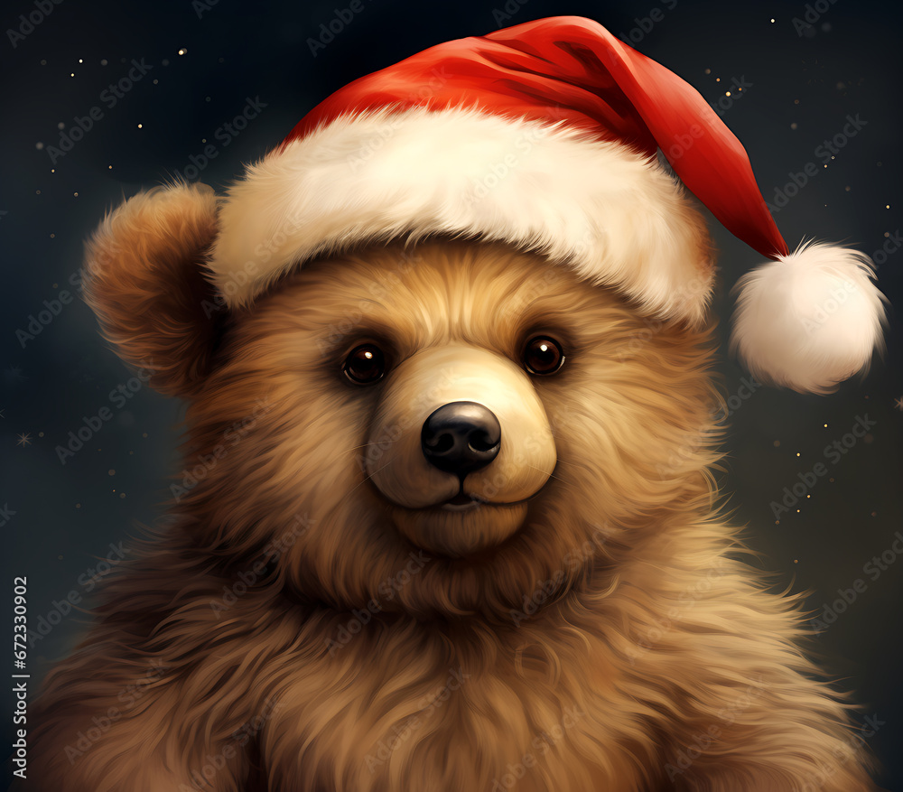 a bear with a christmas hat peering out of the green trees, in the style of anthropomorphic animals a bear with a christmas hat peering out of the green trees, in the style of anthropomorphic animals