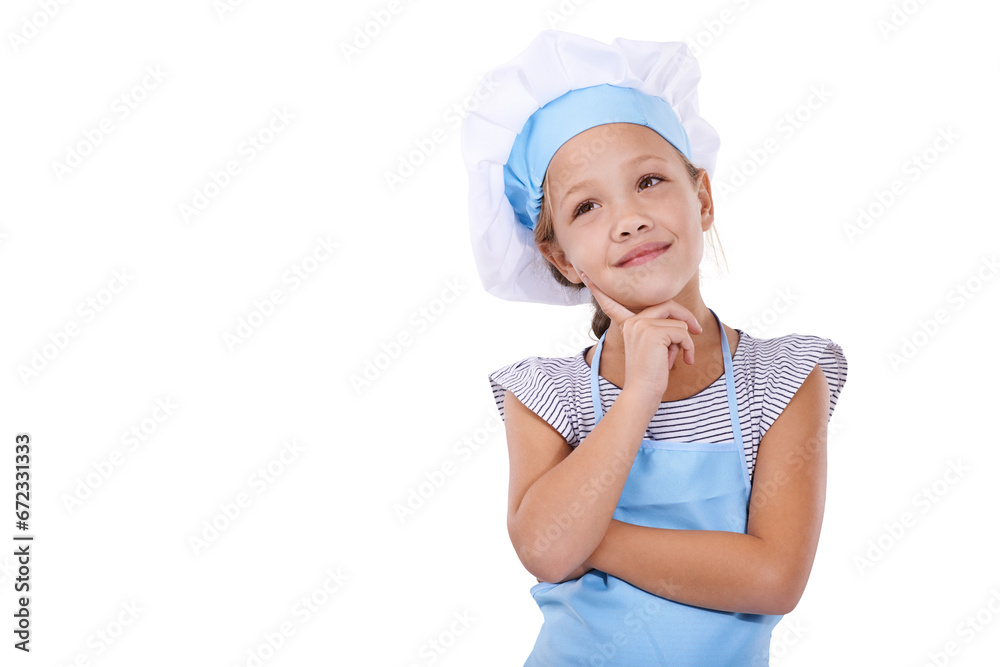 Child, smile and thinking on cooking, chef and childhood to prepare food in imagination. Female person, vision and development for meal, ideas and play, fun and isolated on transparent png background Child, smile and thinking on cooking, chef and childhood to prepare food in imagination. Female person, vision and development for meal, ideas and play, fun and isolated on transparent png background