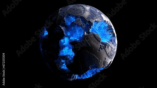 3d render video animation of abstract damaged 3d planet earth , moon or asteroid in spherical shape with big holes in organic rough patter on surface in outer space with neon blue plasma core inside photo