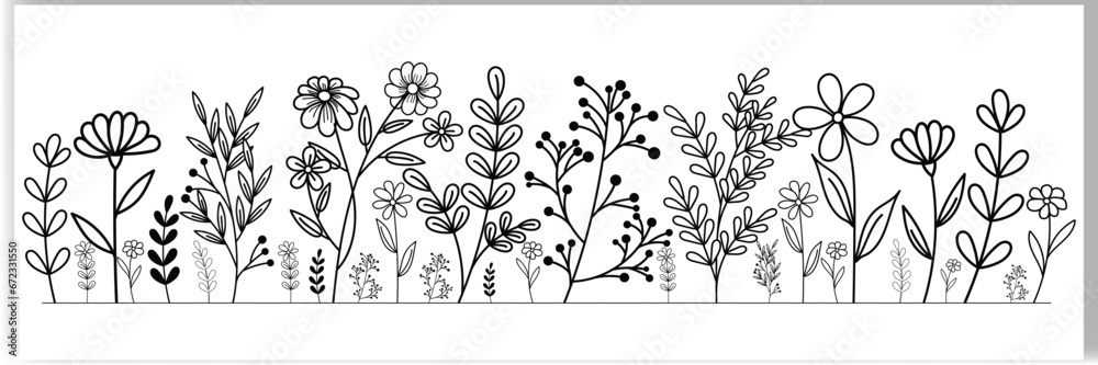 Hand-drawn wildflowers meadow. Black and white doodle wildflowers and grass plants. Monochrome floral elements.