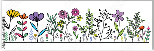 Botanical abstract line art composition minimal floral border of hand-drawn herbs flowers leaves