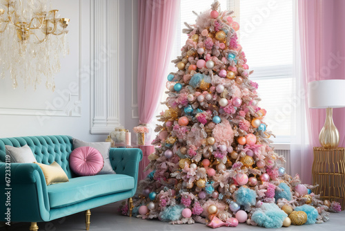 Christmas tree decorated with pink, blue, gold decor