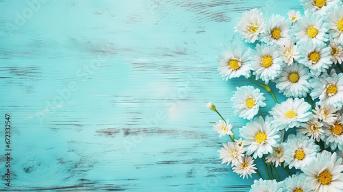  a bouquet of daisies on a blue wooden background with space for text.  generative ai