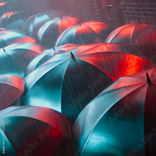 Countless people walking in the rain protected by black umbrellas. 4KHD