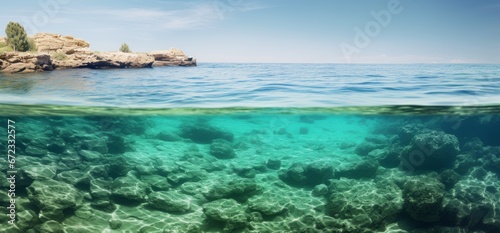 Water, Coast, Clear waters setting, Seabed panorama, Sky, Wallpaper, Background. STILL, CALM, PACIFIC WATERS AND... NOTHING ELSE. Serene seascape and rocky coast on the horizon. Relaxing image.