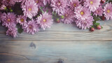  a bunch of pink flowers on a wooden table with a blue background.  generative ai