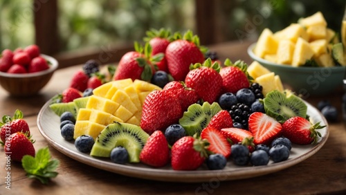 Luscious Fruit Platter: Ripe Strawberries, Blueberries, and Pineapple on Rustic Wooden Table with Soft Natural Light