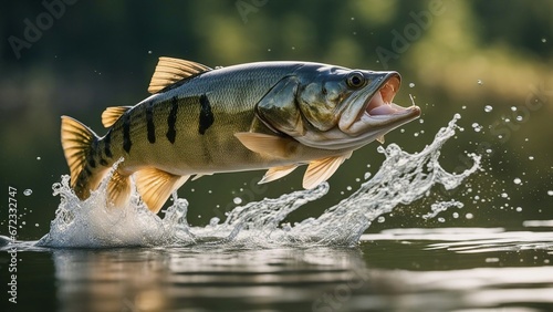 catch of the fish A realistic scene of a bass fish leaping out of the water to catch a fishing lure, with splashes 