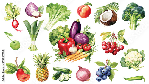 Watercolor painted collection of vegetables and fruits. Hand drawn fresh food design elements isolated on white background.