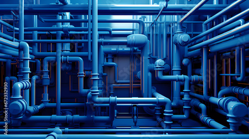 a computer generated image of a building with a lot of pipes and pipes in it's center and a blue background