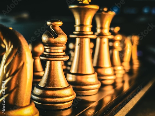 Selective focus of a the king and queen of a classic wooden chess board with golden chess pieces photo